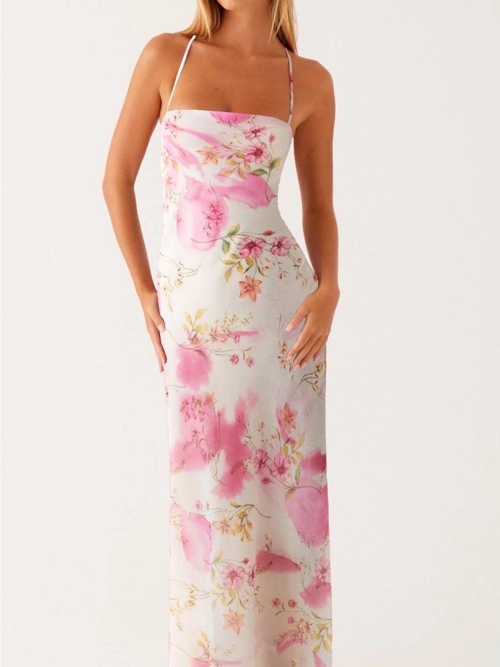 White and Pink Floral Slip Maxi Dress